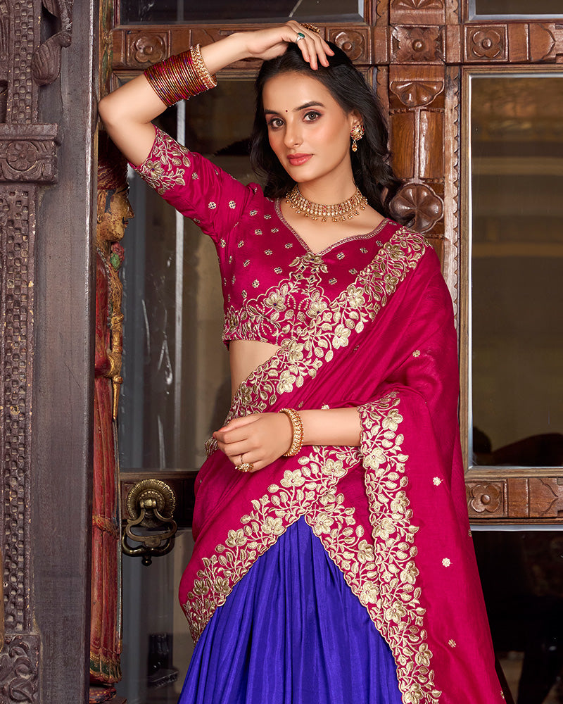 Royal Blue Color Tussar Silk Printed And Foil Work Half Saree