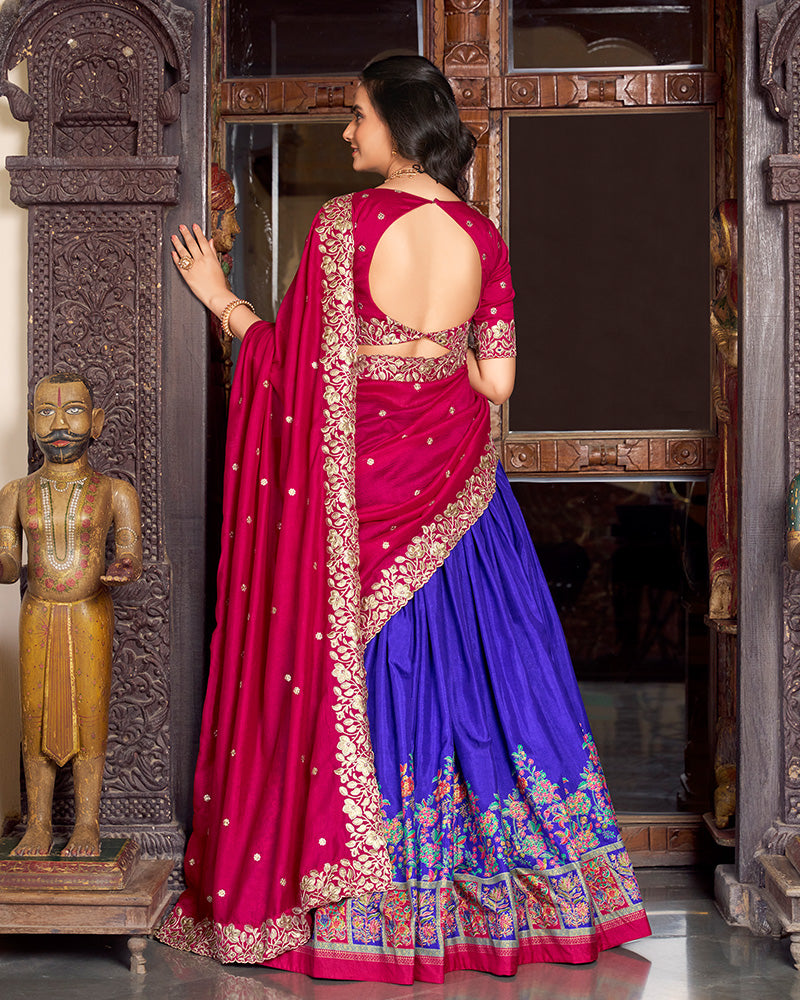 Royal Blue Color Tussar Silk Printed And Foil Work Half Saree