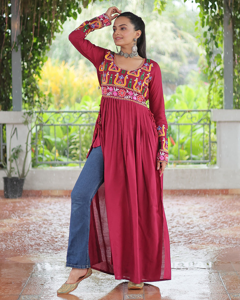 Red Color Rayon Gamthi Work Navratri Kurti