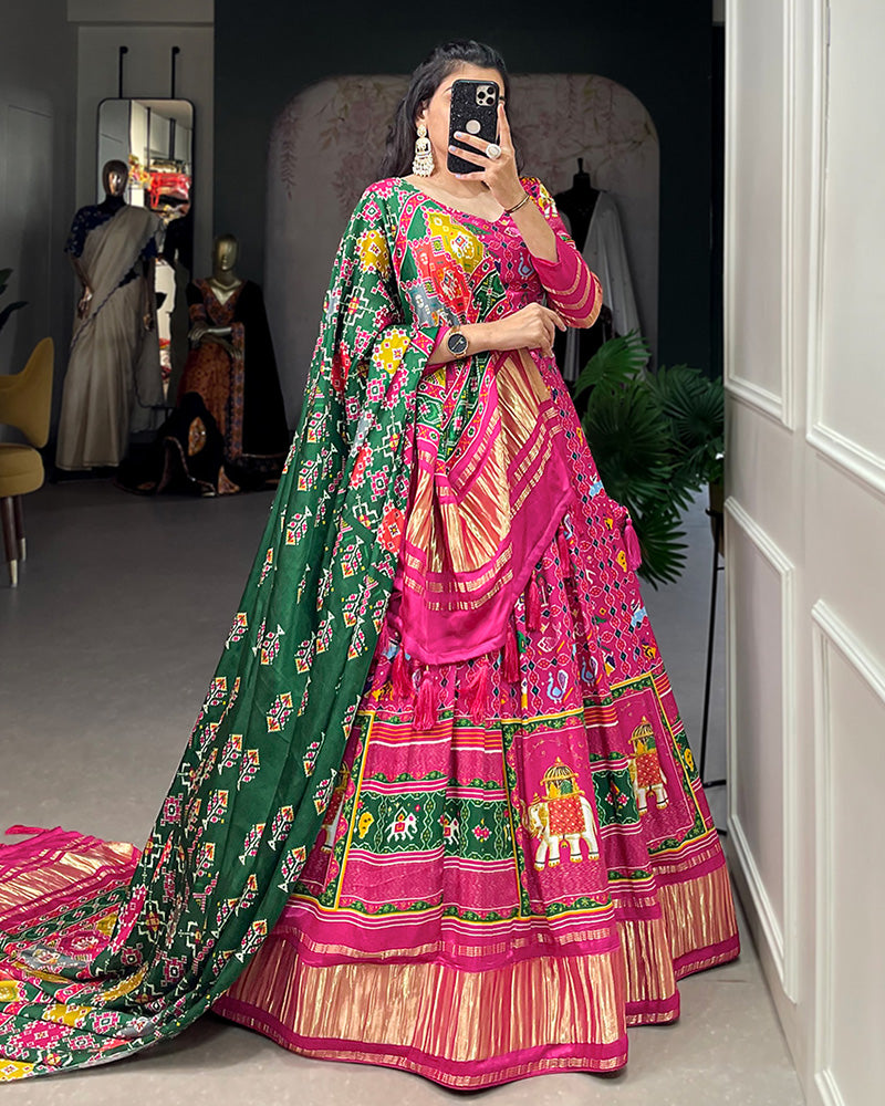 Rani Pink Color Gaji Silk Printed Navratri Lehenga Choli