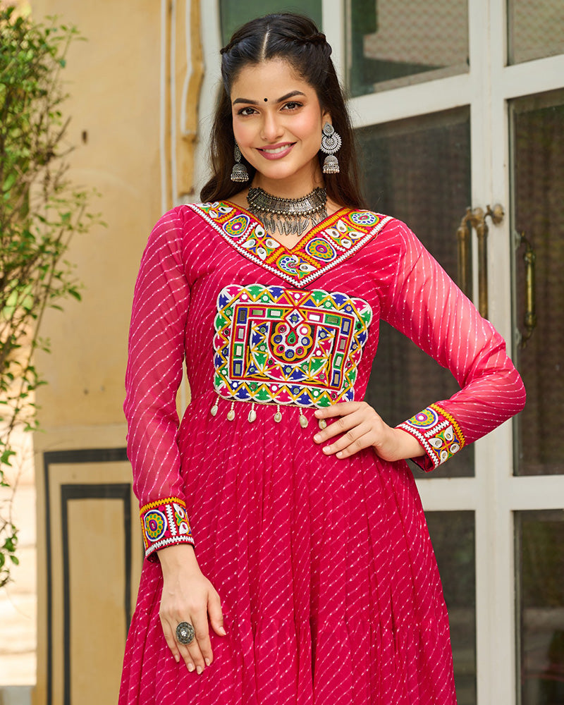 Vibrant Pink Kutchi Work Laheriya Printed Anarkali Gown