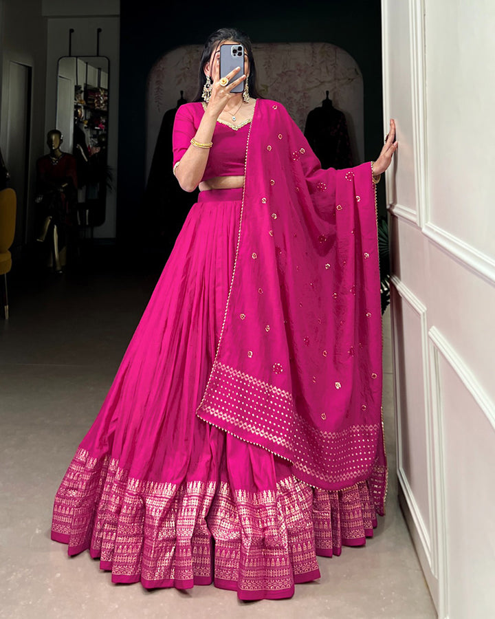 Pink Color Pure Chanderi Plain Navratri Lehenga Choli