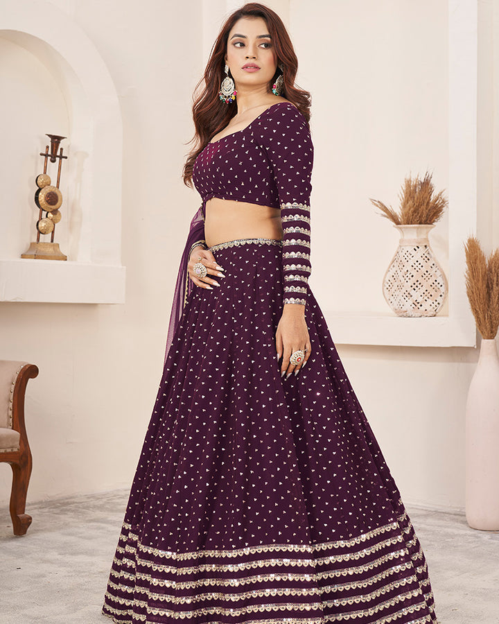 Wine Color Georgette Embroidered Lehenga Choli With Net Dupatta