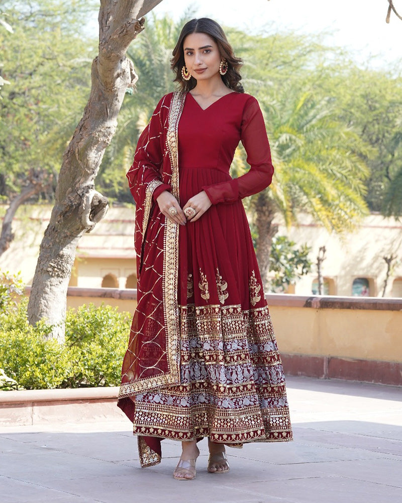 New Design Maroon Color Faux Blooming Zari And Sequence Embroidered Gown