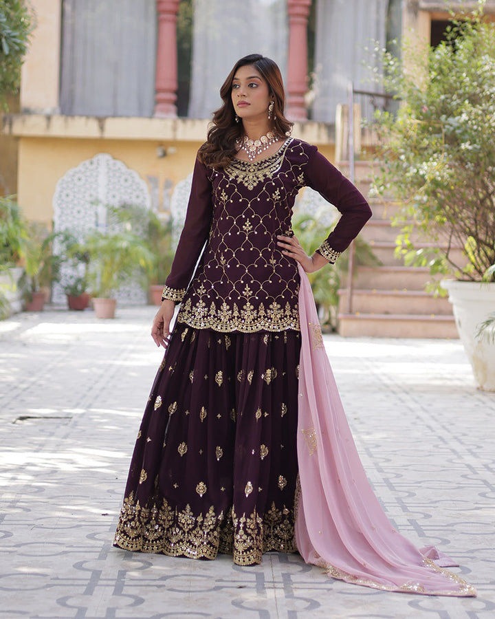 Wine Color Faux Blooming Embroidered Plazzo Suit