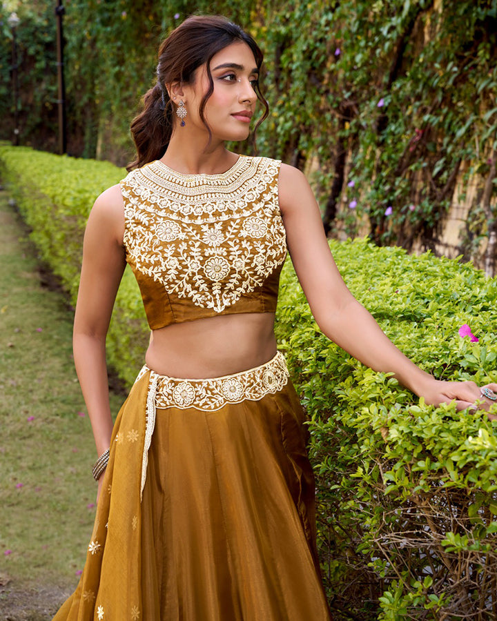 Mustard Gold Color Chanda Silk Embroidered Lehenga Choli