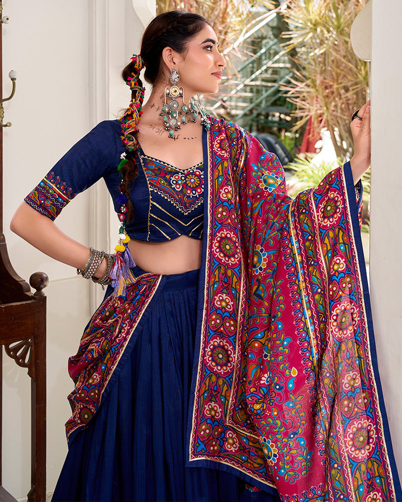 Navy Blue Color Tussar Silk Full Stitched Navratri Lehenga Choli