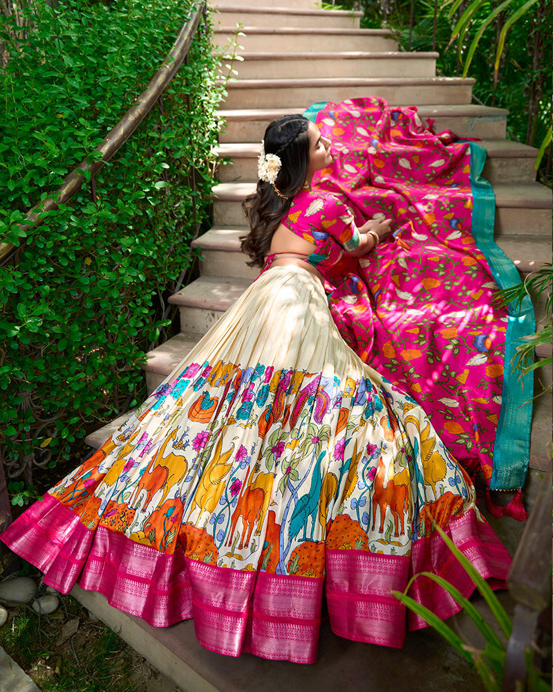 White Color Dola Silk Designer Kalamkari Print Lehenga Choli