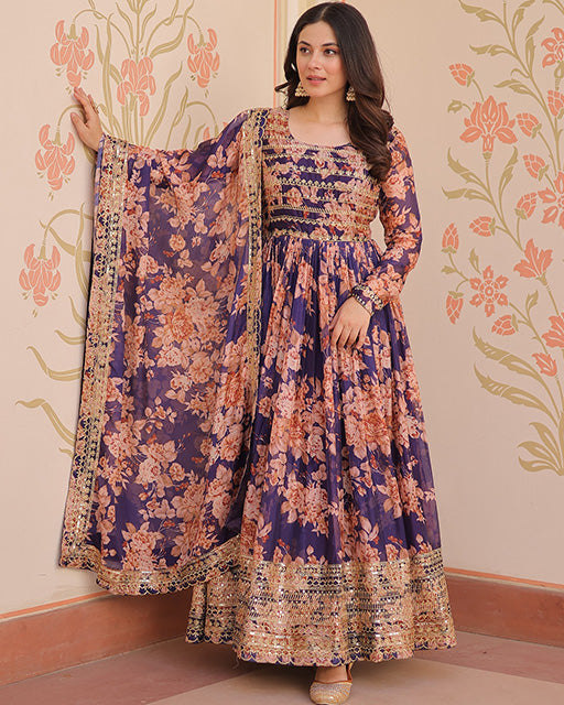 Wine Color Russian Silk Embroidered Gown