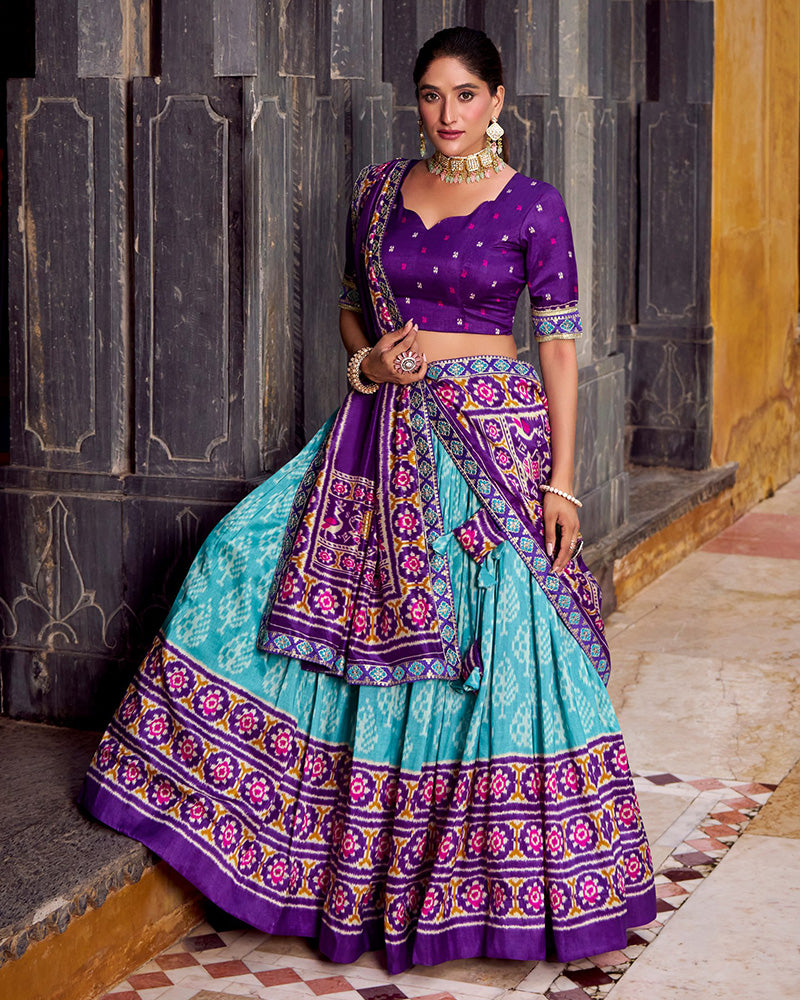 Sky Blue And Purple Ikkat Printed Tasar Silk Lehenga Choli