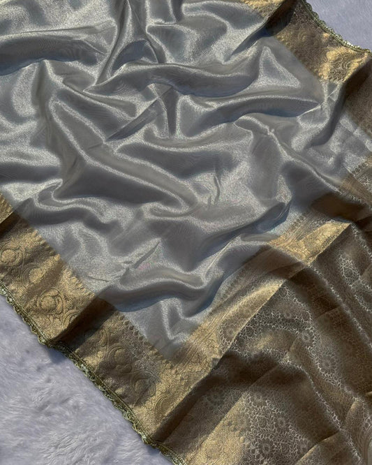 Grey Color Silver Zari Weaving Tissue Saree