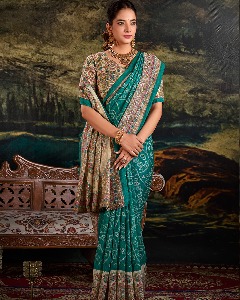 Green Color Green Silk Fusion Printed Saree