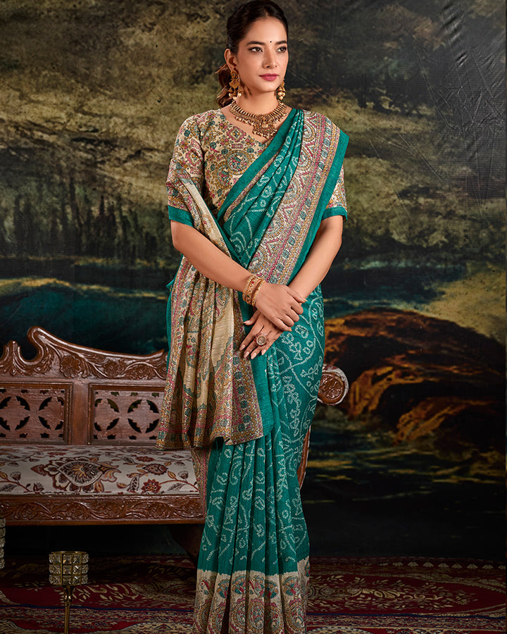Green Color Green Silk Fusion Printed Saree