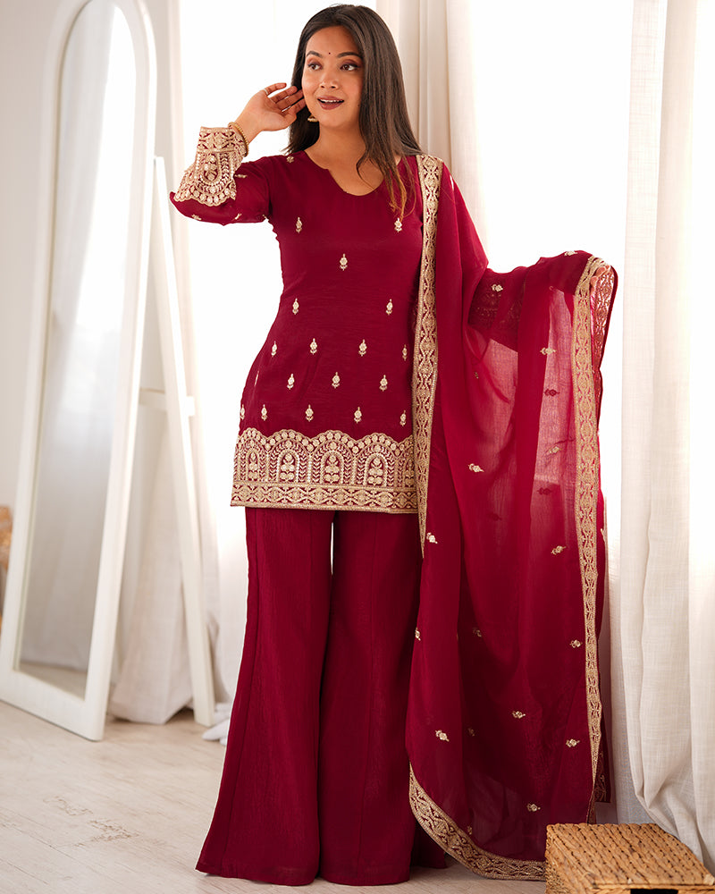 Maroon  Color Crunchy Silk Embroidered Plazzo Suit