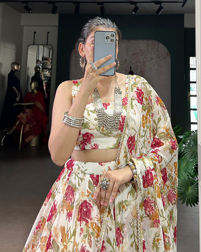 White Color Chiffon Printed Lehenga Choli