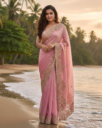 Maroon Color Space Silk Beads Embroidered Saree