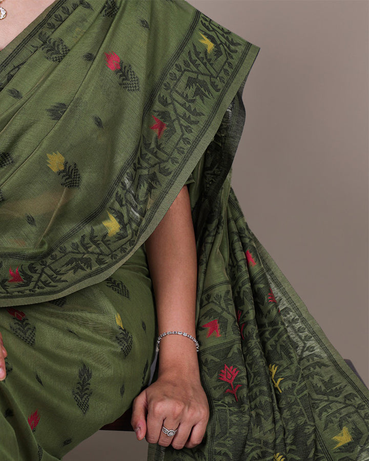 Mehndi Color Thread Weaving Poly Cotton Saree