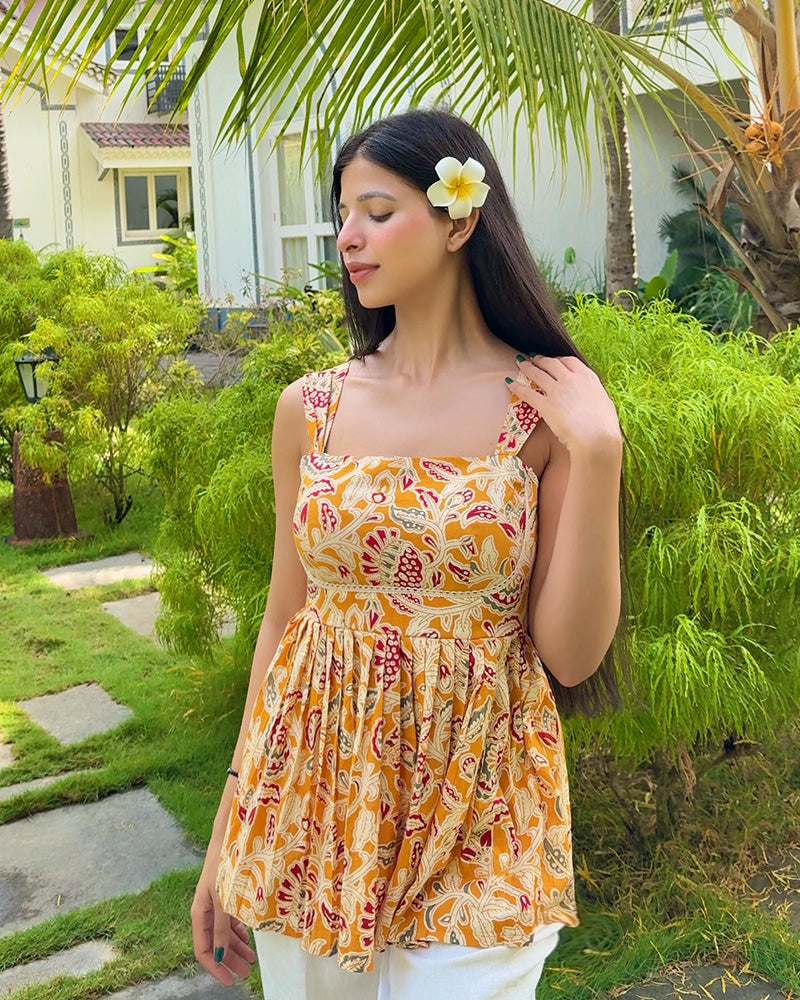 Yellow Color Pure Cotton Floral Printed Tunic