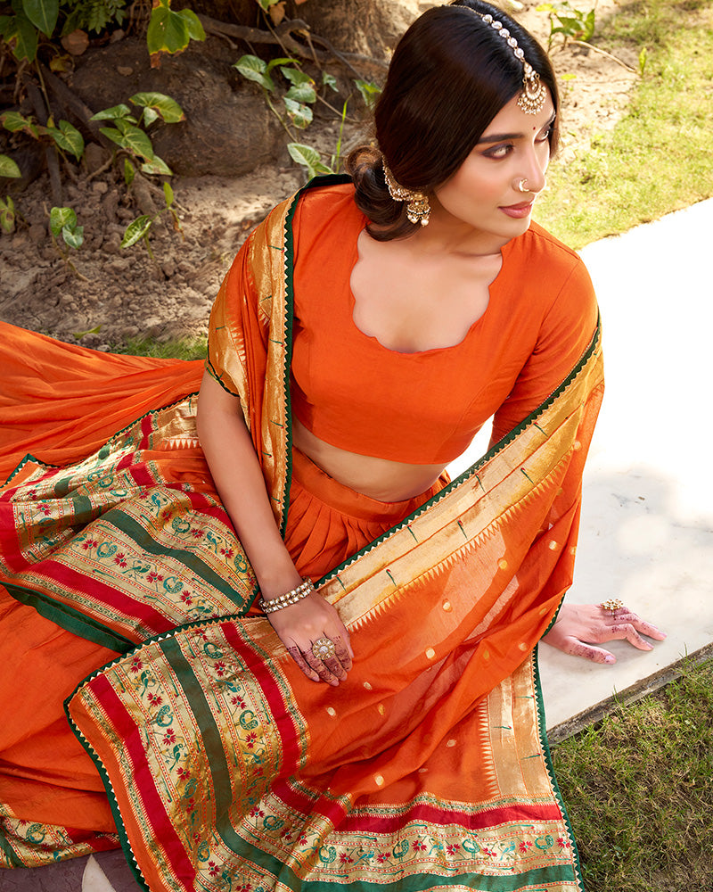 Orange Color Pure Nylon Chanderi Plain Half Saree
