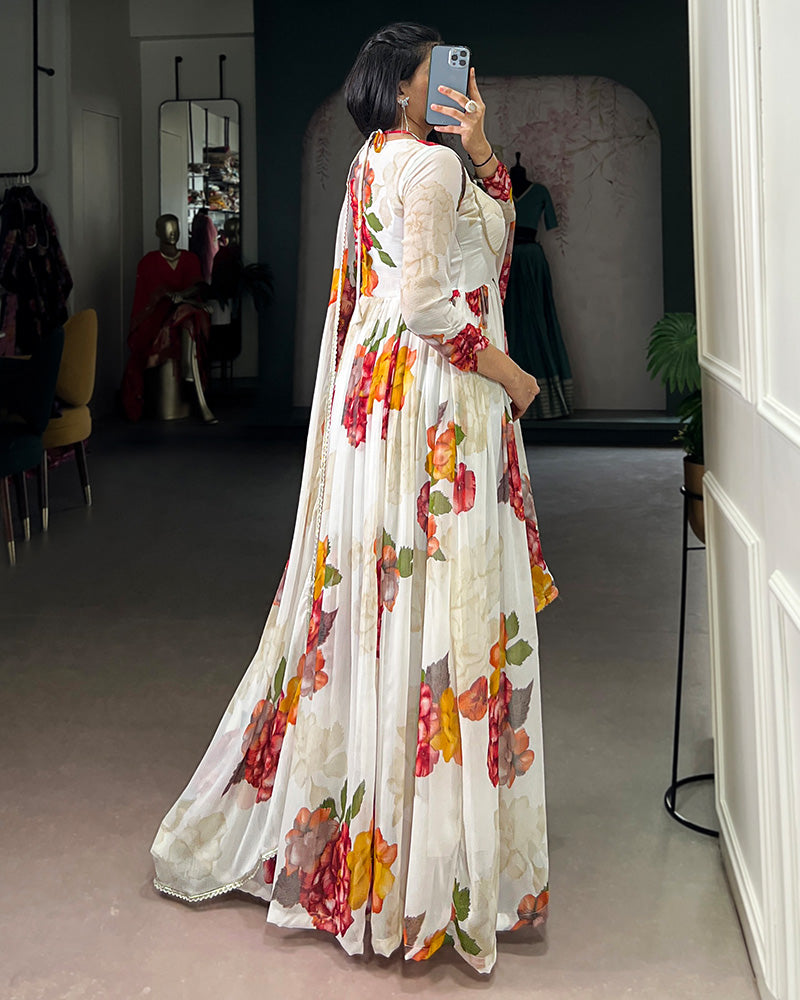 White Color All Over Floral Printed Chiffon Gown