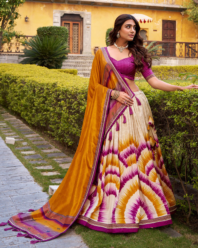 Wine Color Tasar Silk Dye Printed Lehenga Choli