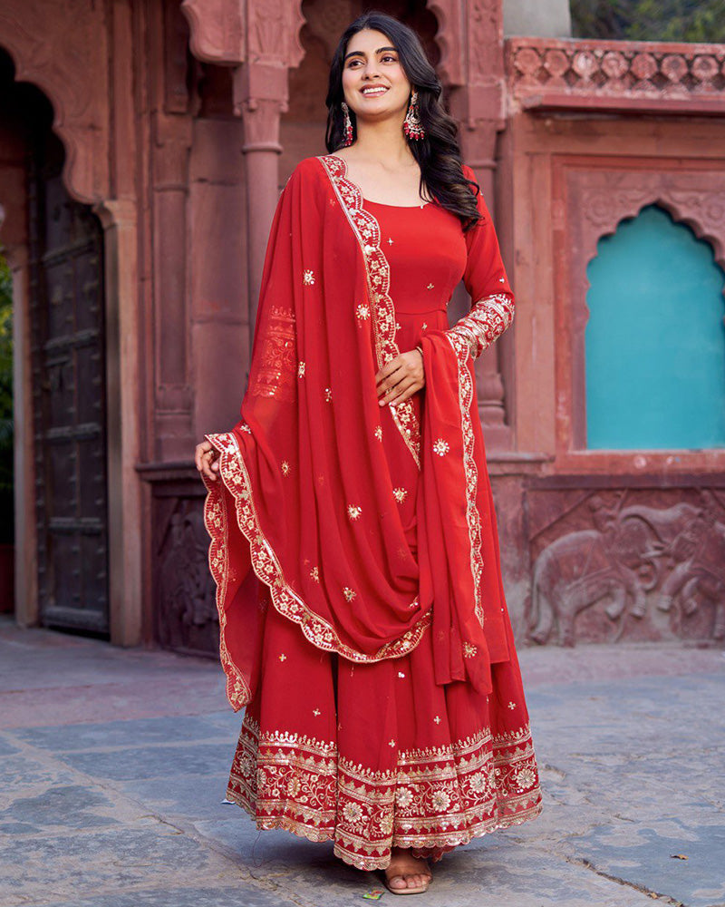 Ethnic Red Color Georgette Sequence Embroidered Gown