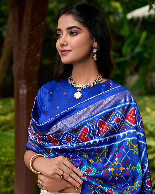 Royal Blue Color Tussar Silk Patola Printed Lehenga Choli