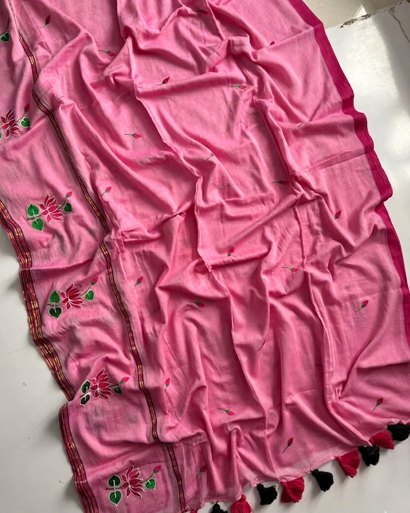 Pink Color Pure Mal Cotton Lotus Work Saree