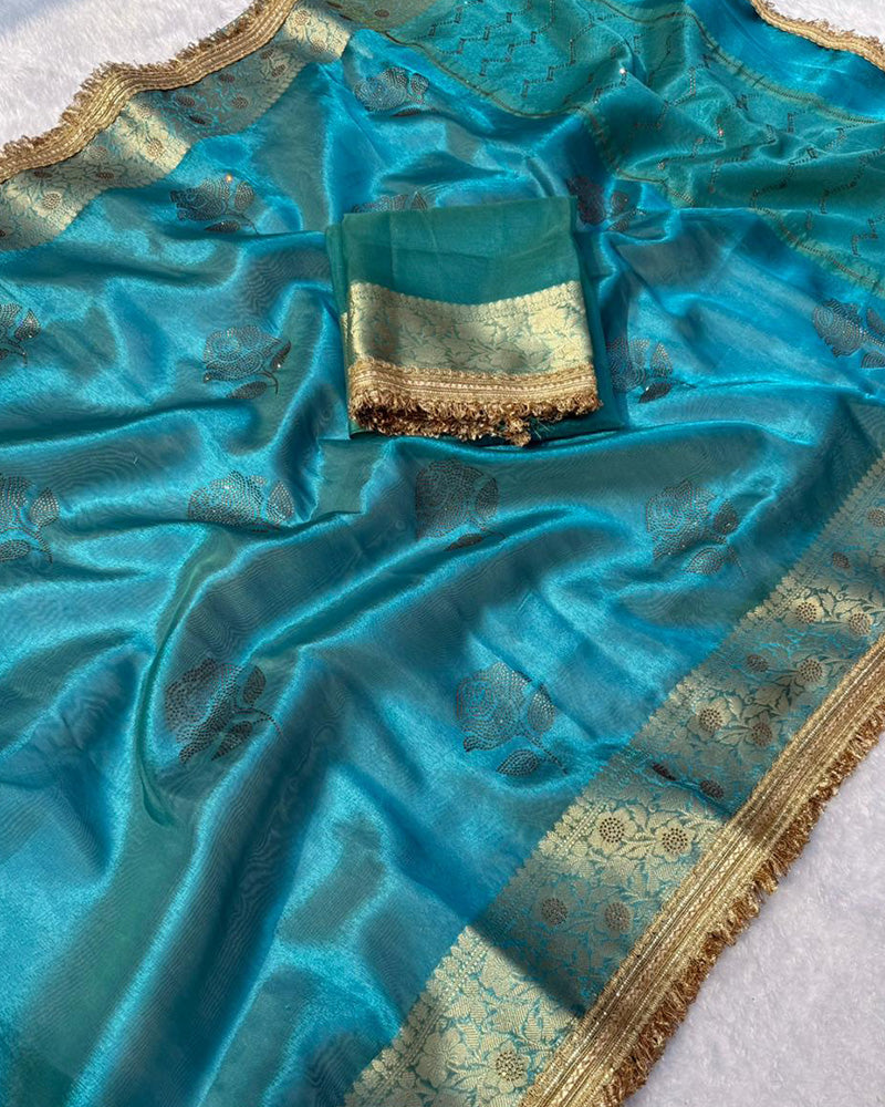 Premium Firozi Color Organza Tissue Silk Saree