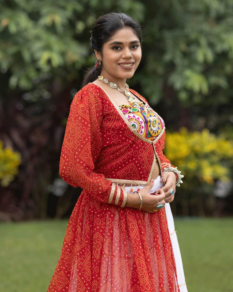 Red And White Color Rayon Cotton Navratri Lehenga Choli