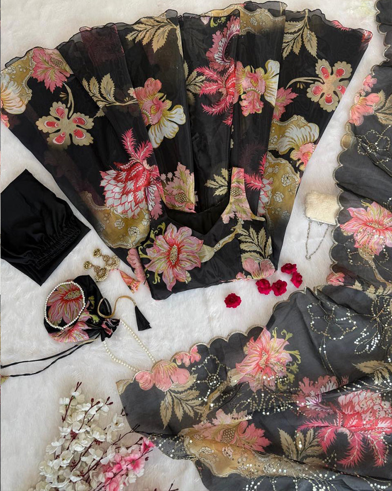 Black Color Digital Printed Soft Organza Anarkali Suit