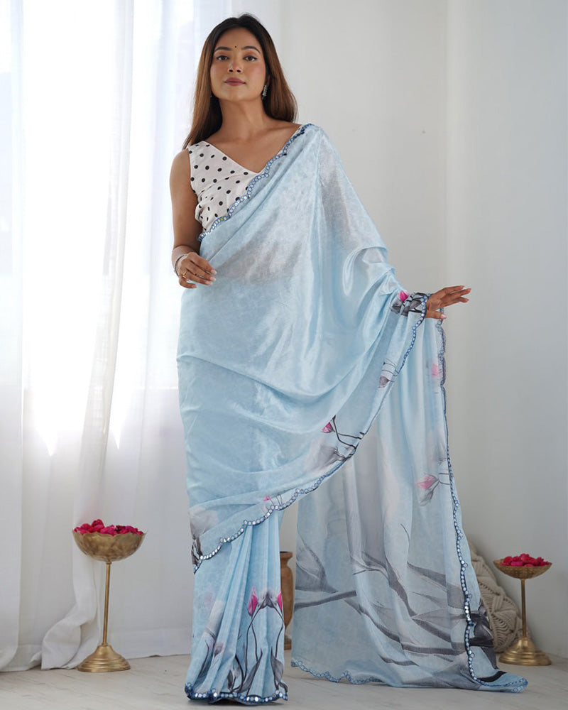 Ocean Color Chinnon Silk Saree