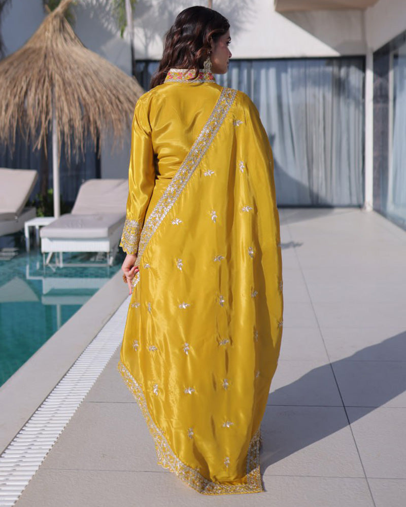 Yellow Color Ho Silk Embroidered Kurti Suit