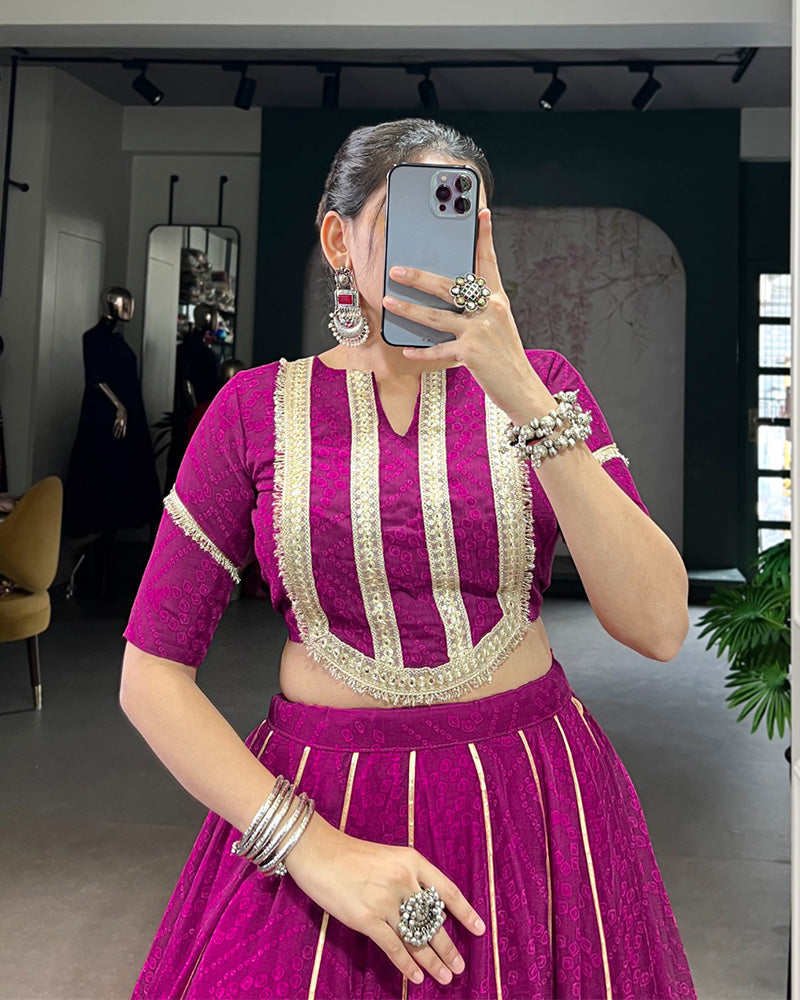 Wine Color Chiffon Bandhej Printed Navratri Lehenga Choli