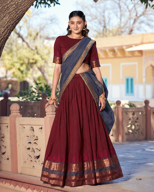 Maroon Color Poly Dyeable Zari Weaving  Half Saree