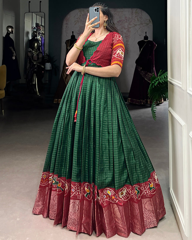 Green Color Tasar Chex Printed Gown With Koti
