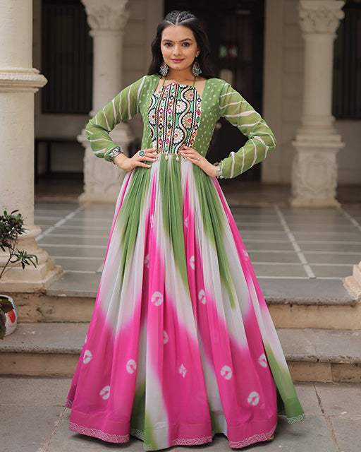 Green Color Faux Georgette Bandhej Print Navratri Gown