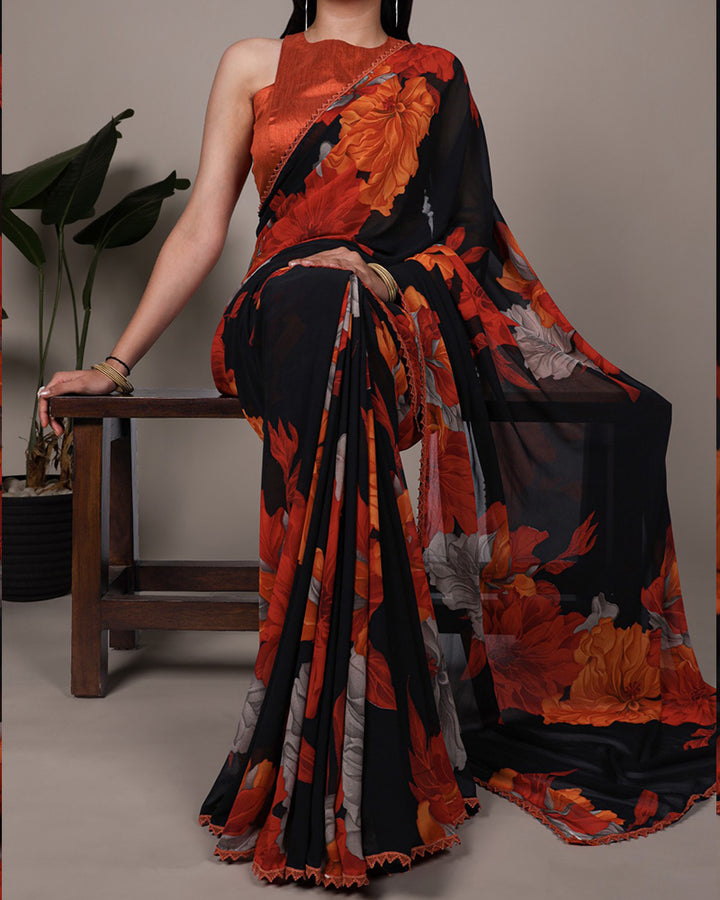Rust Orange Color Weightless Marble Floral Printed Saree