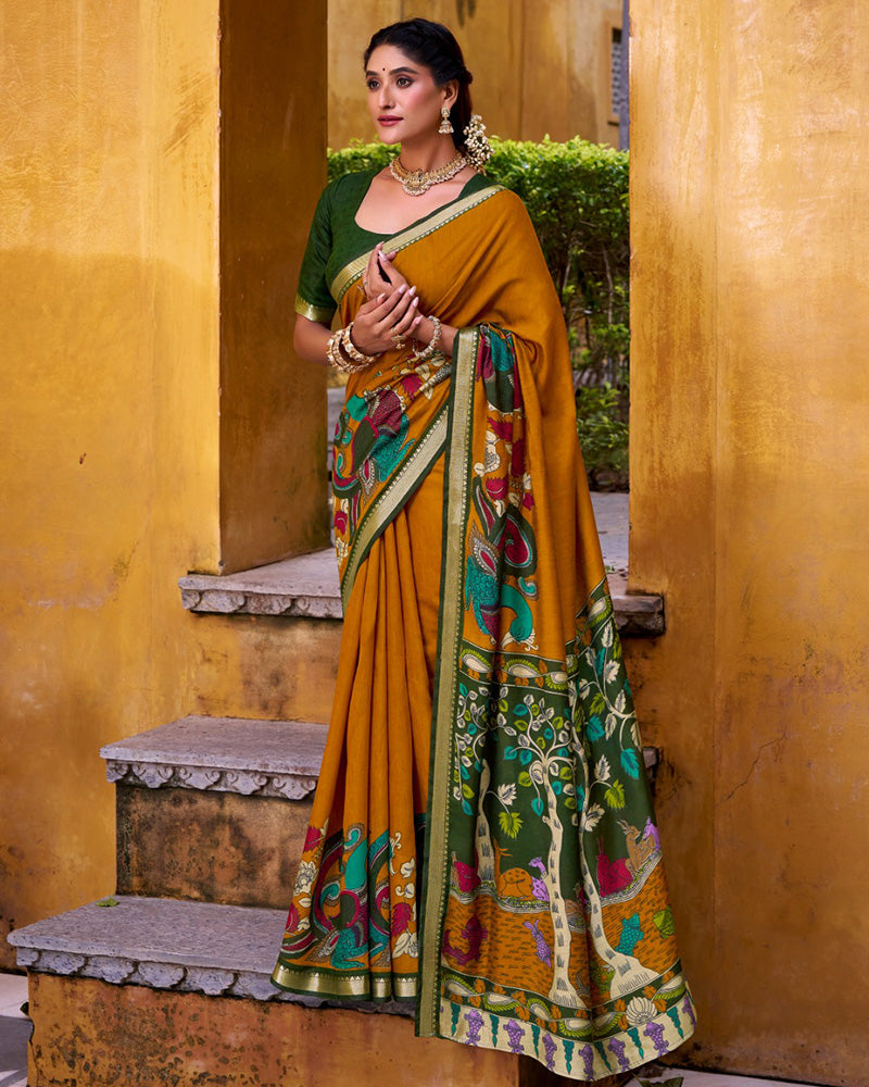 Mustard Color Viscose Chanderi Printed Saree