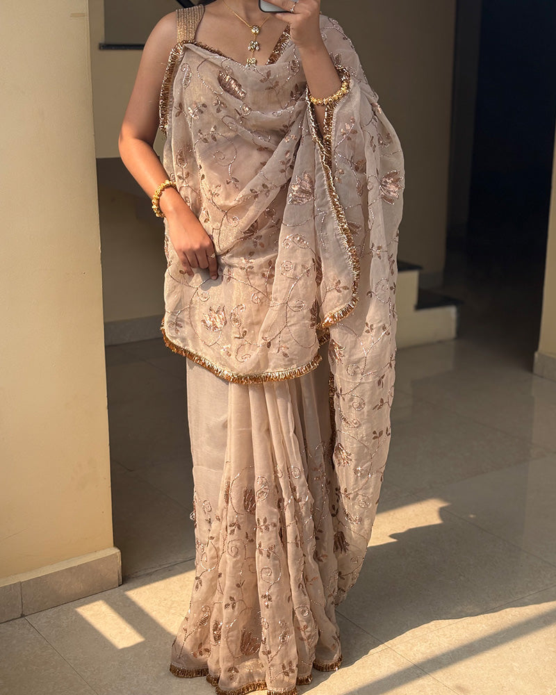 Cream Color Rose Gold Silk Beads Embroidered Saree