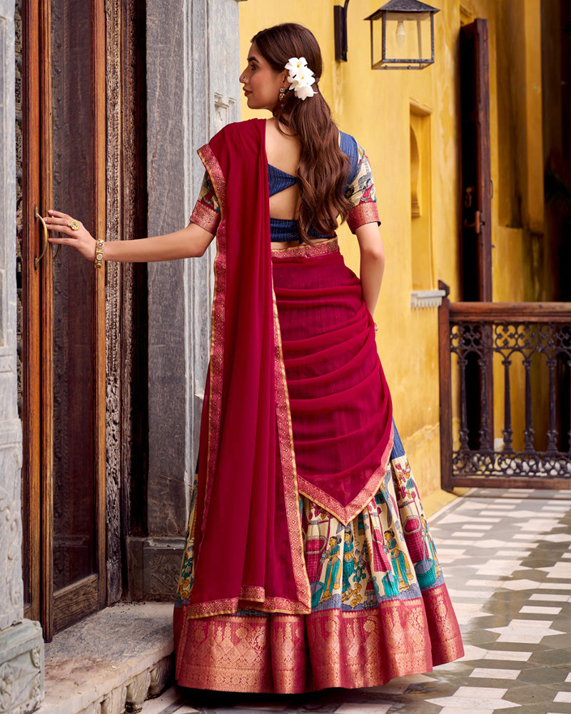 Navy Blue Color Poly Chanderi Printed Half Saree