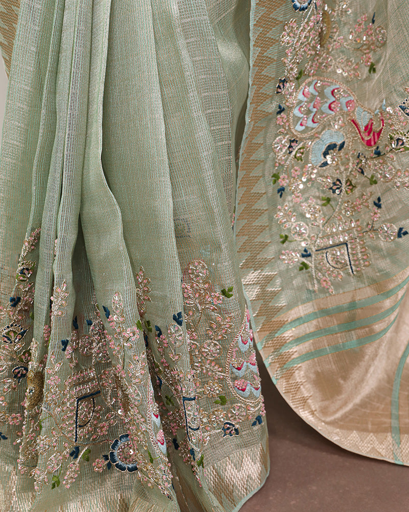 Sky Blue Color Embroidered Kota Tissue Saree