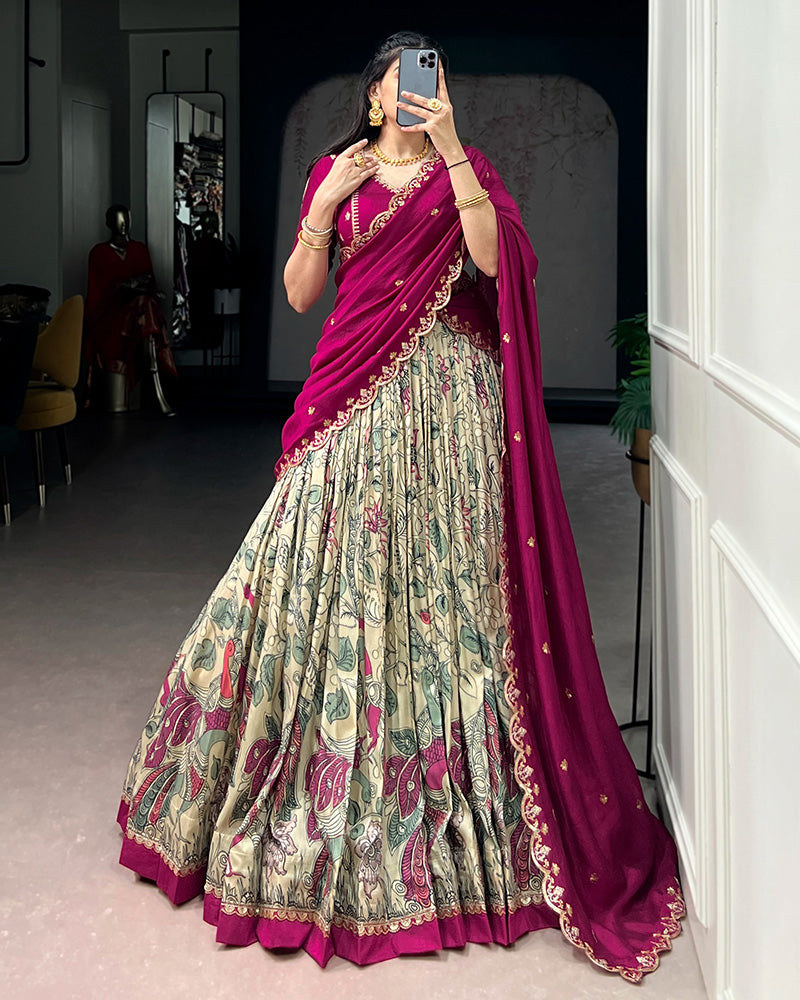 Cream Color Tussar Silk Kalamkari Printed Lehenga Choli