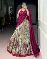 Cream Color Tussar Silk Kalamkari Printed Lehenga Choli
