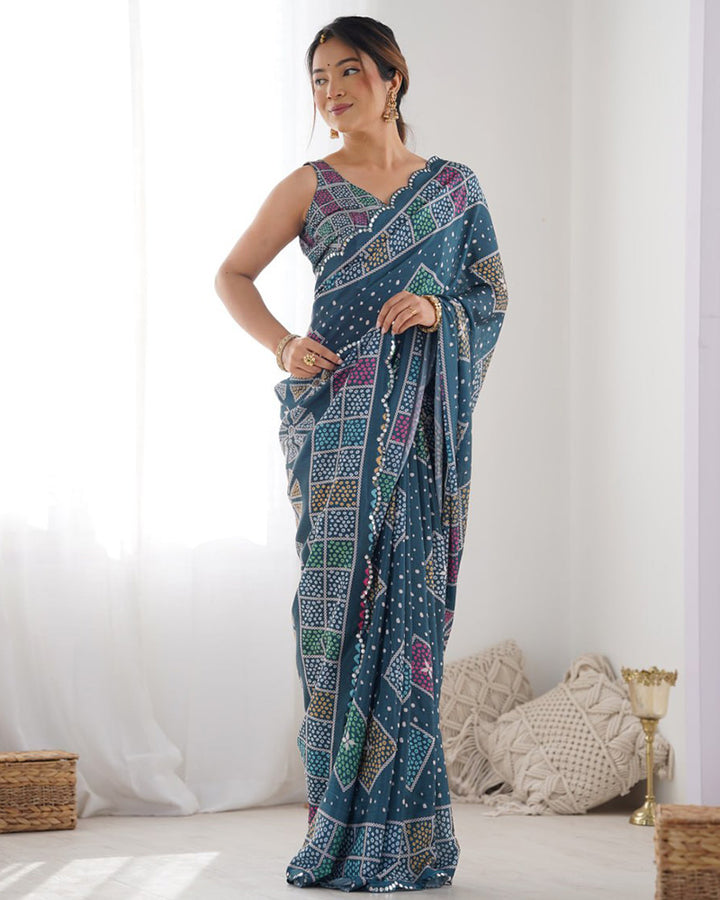 Navy Blue Color Chinnon Silk Saree