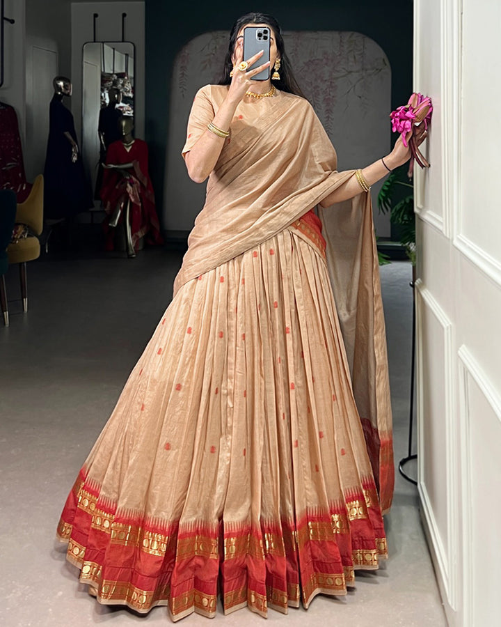 Elegant Cream Pure Chanderi Half Saree With Zari Weaving