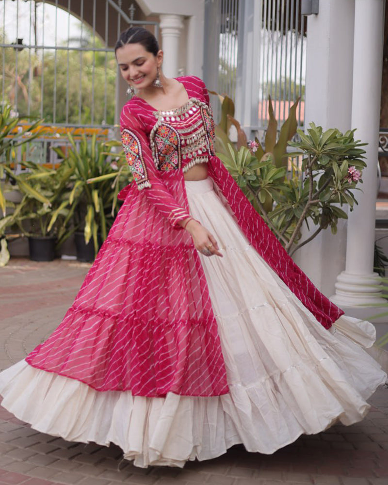 Three Color Bandhani Printed Kora Cotton Navratri Lehenga Choli