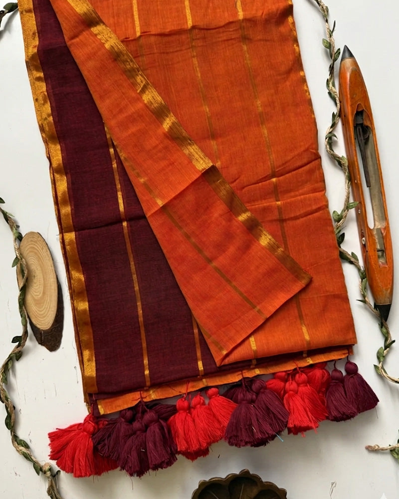 Rust Orange Color Pure Mal Cotton Chex Printed Saree