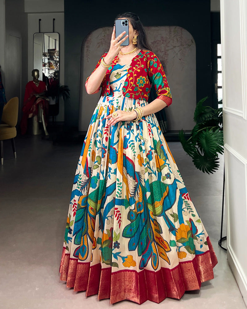 Off-White Color Tasar Silk Printed Gown With Koti