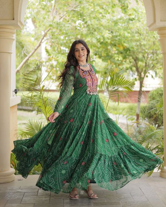 Green Color Bandhani Print Faux Georgette Navratri Gown